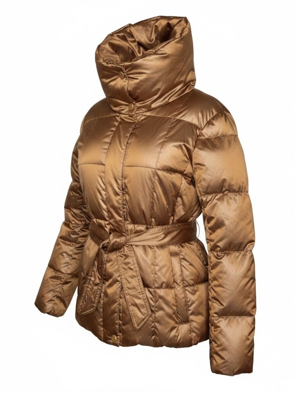 Lands’ End Bronze Down Puffer Coat L Belted Metallic High Collar